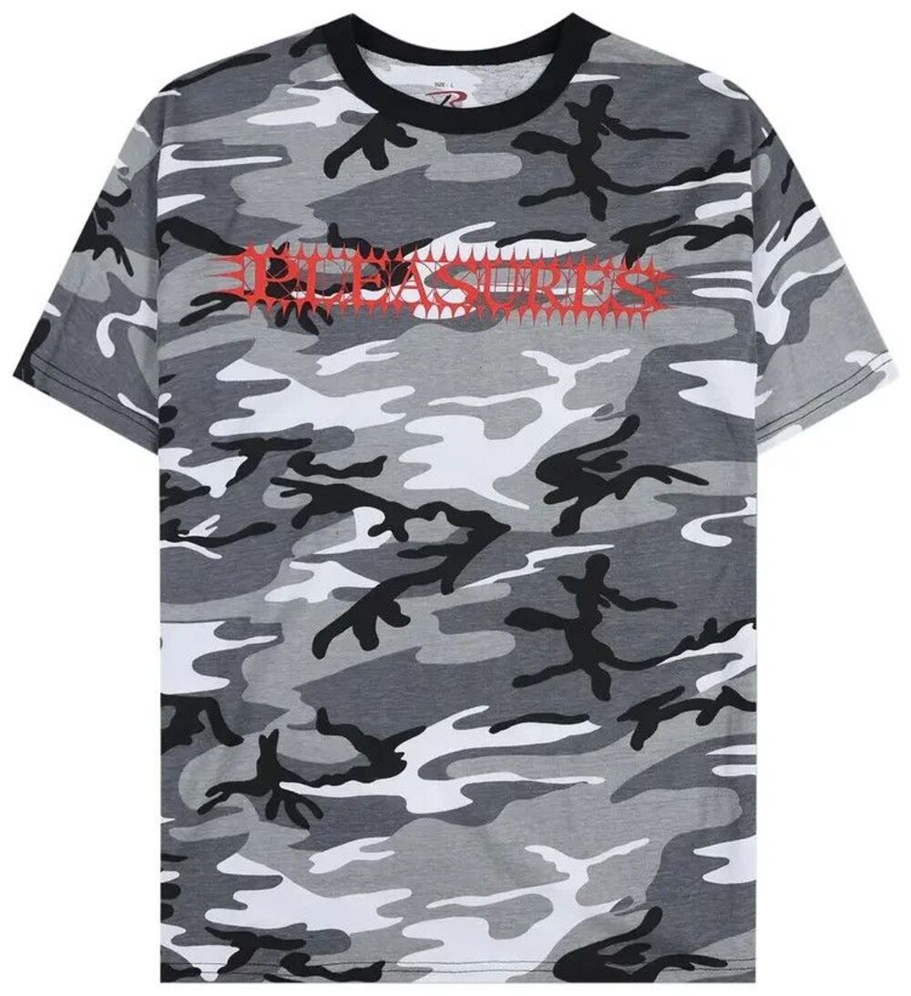 PLEASURES Shirt Mens XL Grey Camo Pullover Crew Graphic Logo SPIKE T-Shirt Tee